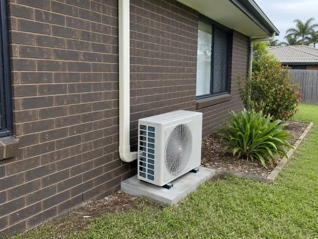 Outdoor air conditioner unit on a concrete pad beside a brick house and garden in Labrador